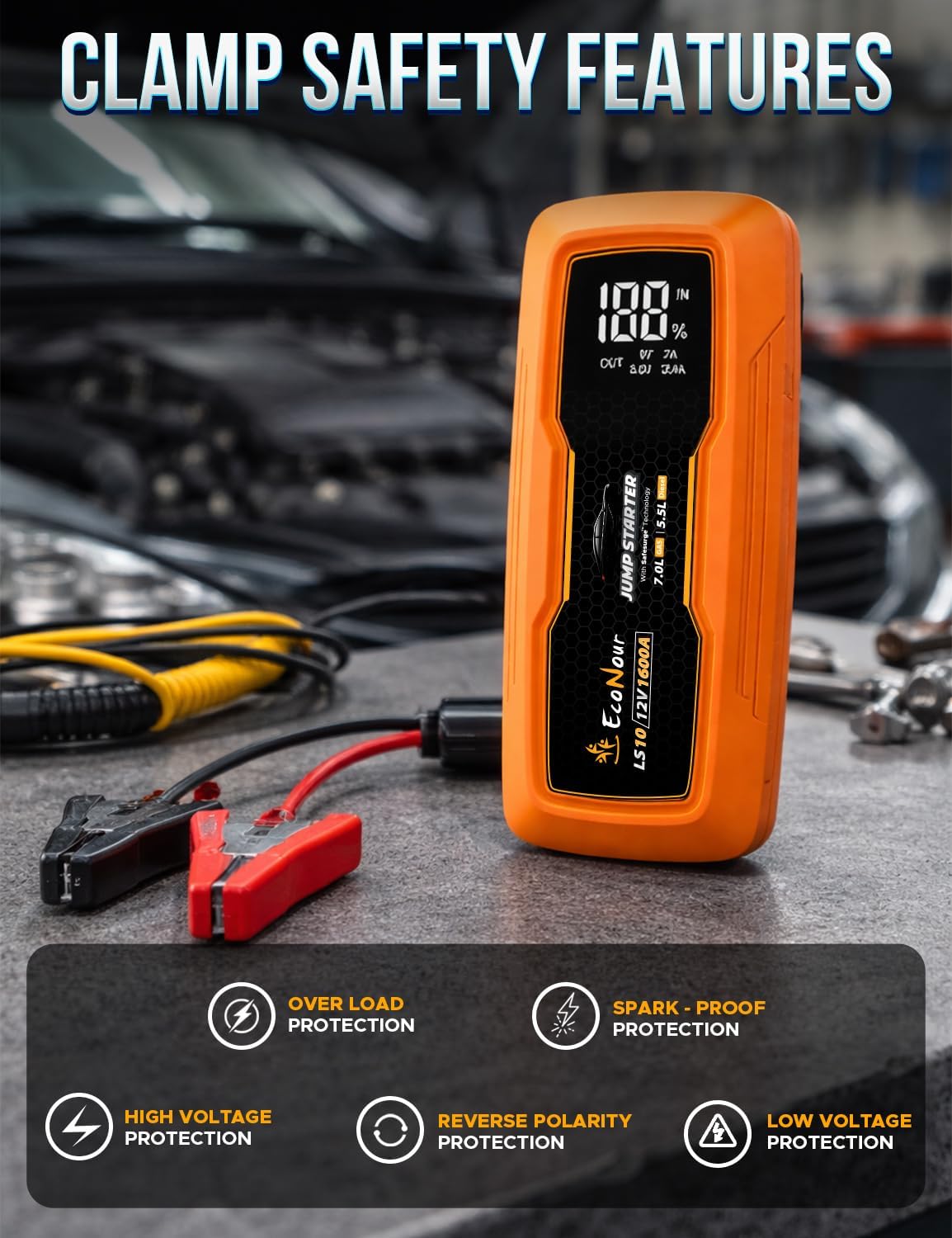 EcoNour - Arrancador de batería de automóvil de 1600 A, pico de has...