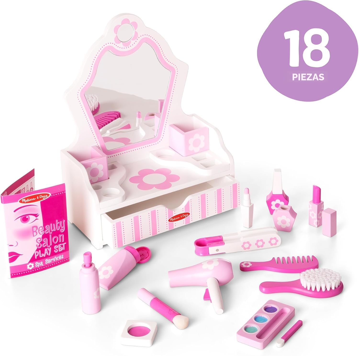 Melissa &amp; Doug Juego de madera para salón de belleza, tocador d...