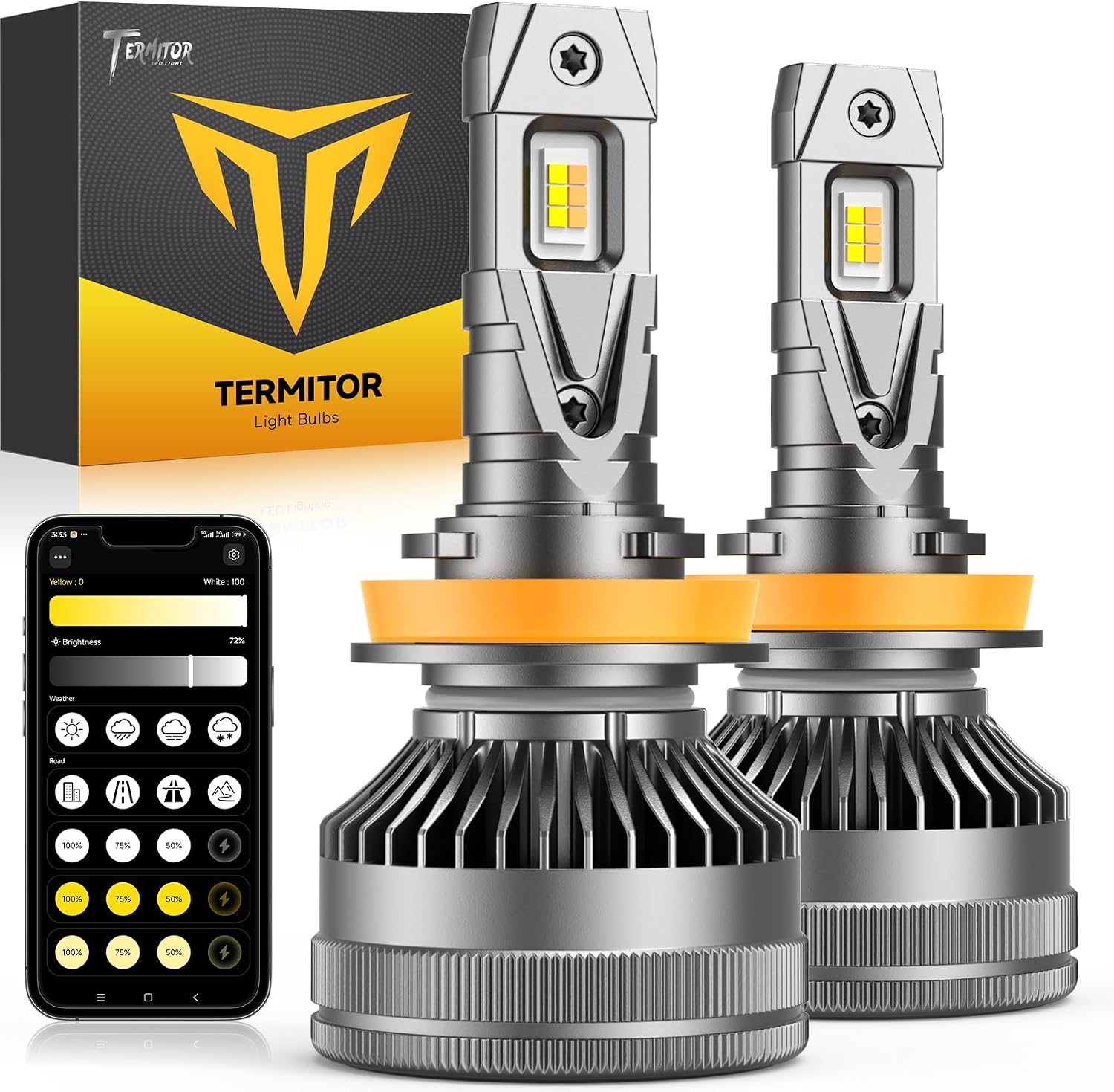Termitor Bombilla inteligente H11\/H9\/H8, brillo variable de hasta...