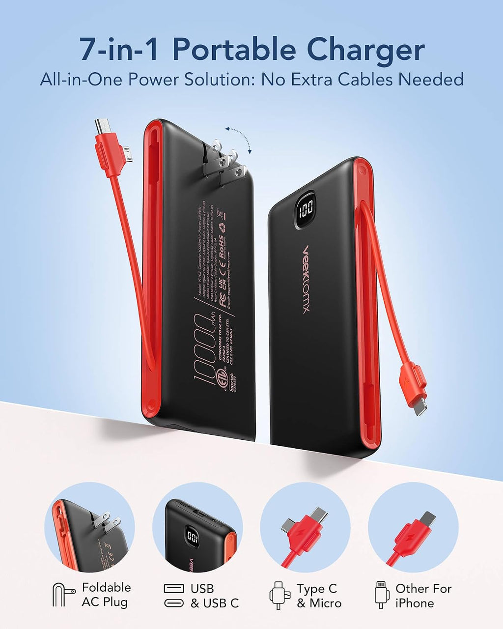 VEEKTOMX Cargador portátil con cables integrados de 10000 mAh, banc...
