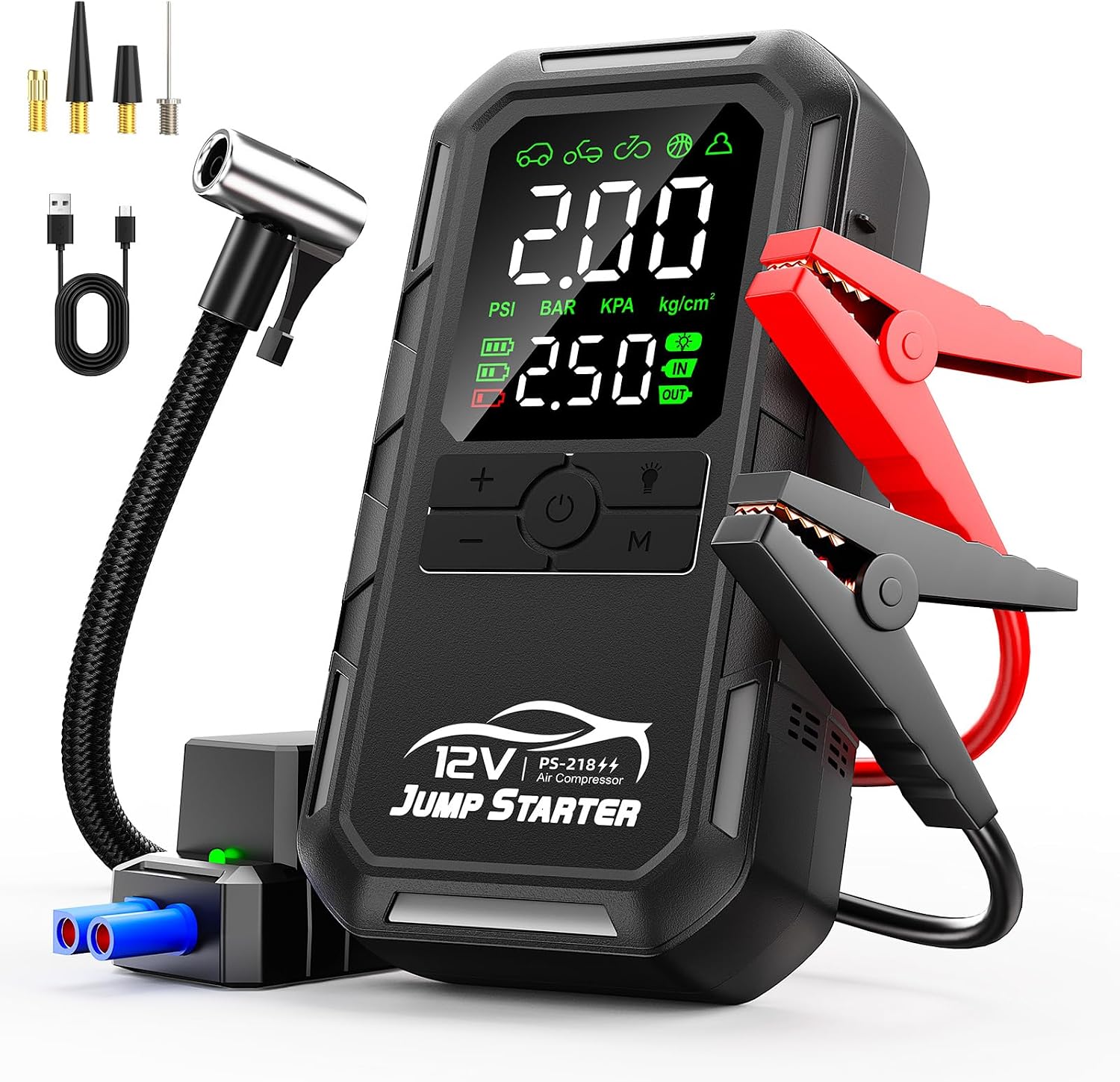 Arrancador de batería de coche 10 en 1 con compresor de aire 8000A...