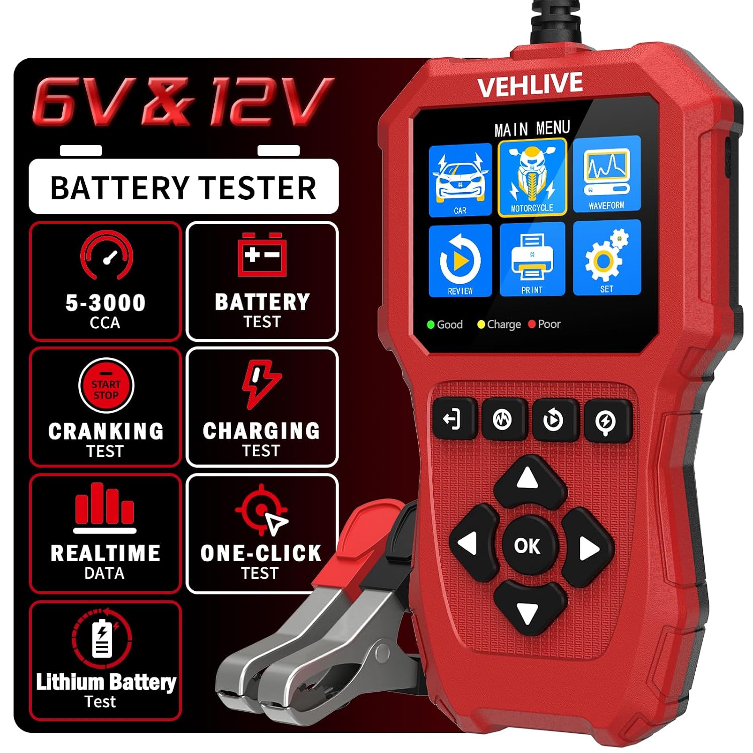 VEHLIVE BT910 5-3000CCA - Probador de batería de automóvil, 6 V 12...