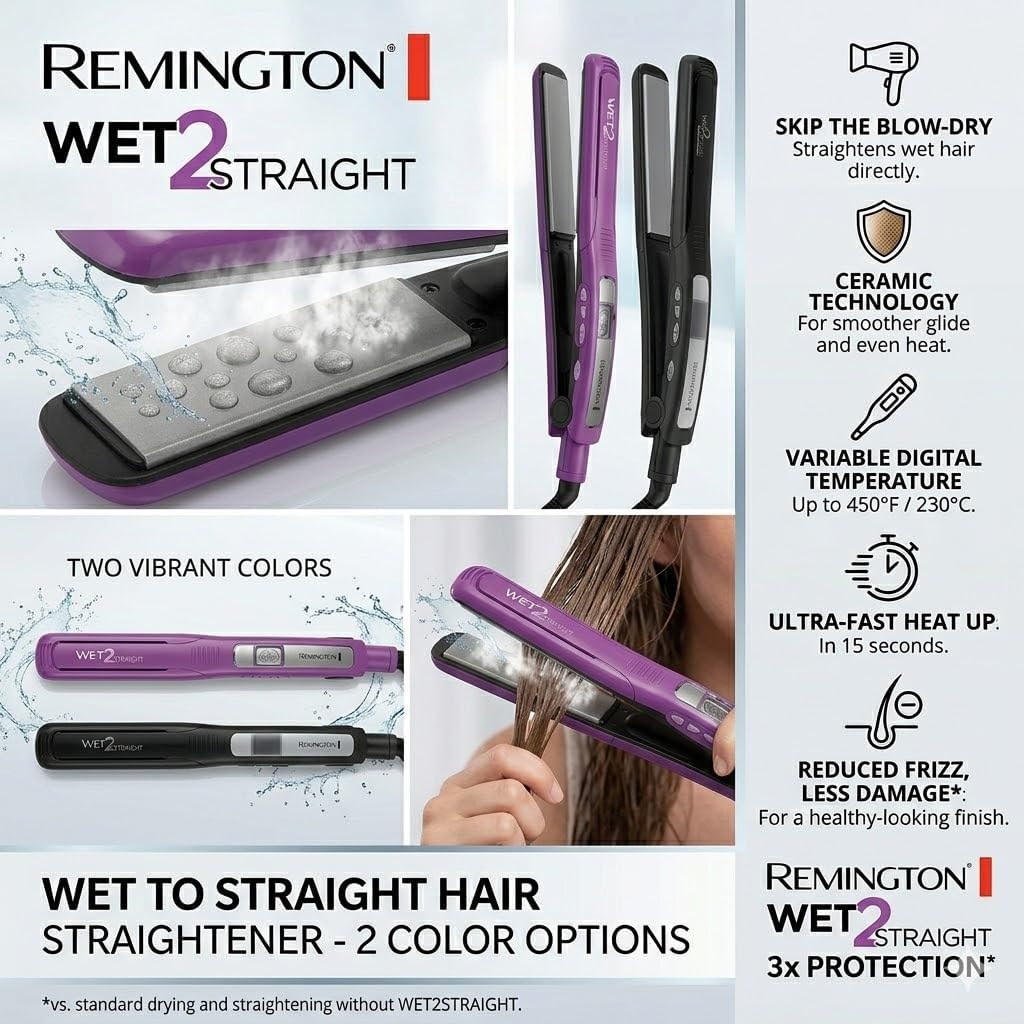 Remington Wet 2 - Plancha de pelo liso de 1 pulgada con placas de t...