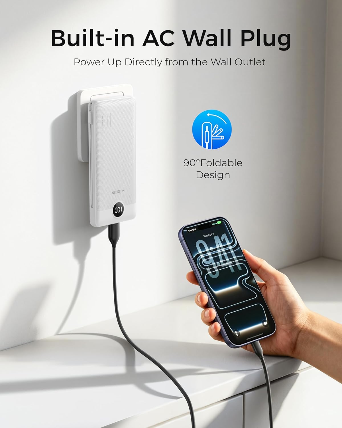 VEGER Cargador portátil para iPhone con cables integrados y enchufe...