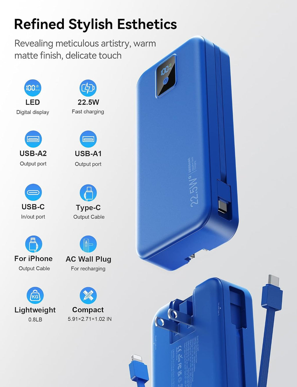 Cargador portátil Rngsnoy 20000mAh 22.5W con cable incorporado y en...