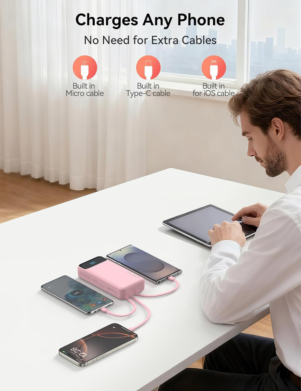 Nusyddy Cargador portátil de 20000 mAh integrado con 4 cables, bate...