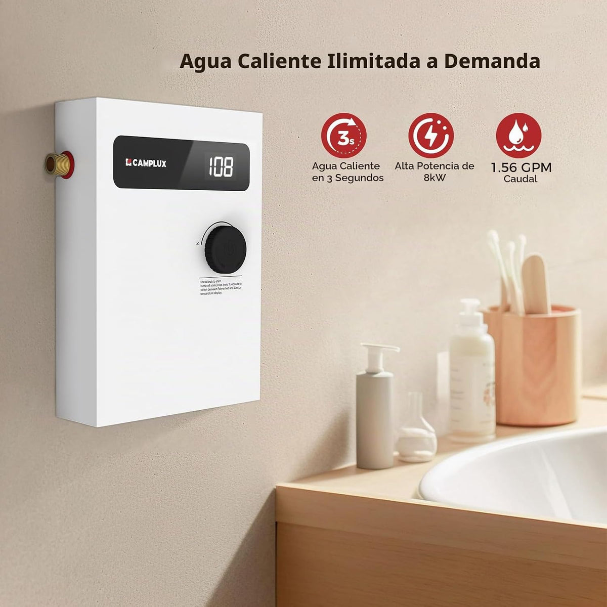 CAMPLUX - Calentador de agua eléctrico sin tanque, 8 kW a 240 volti...