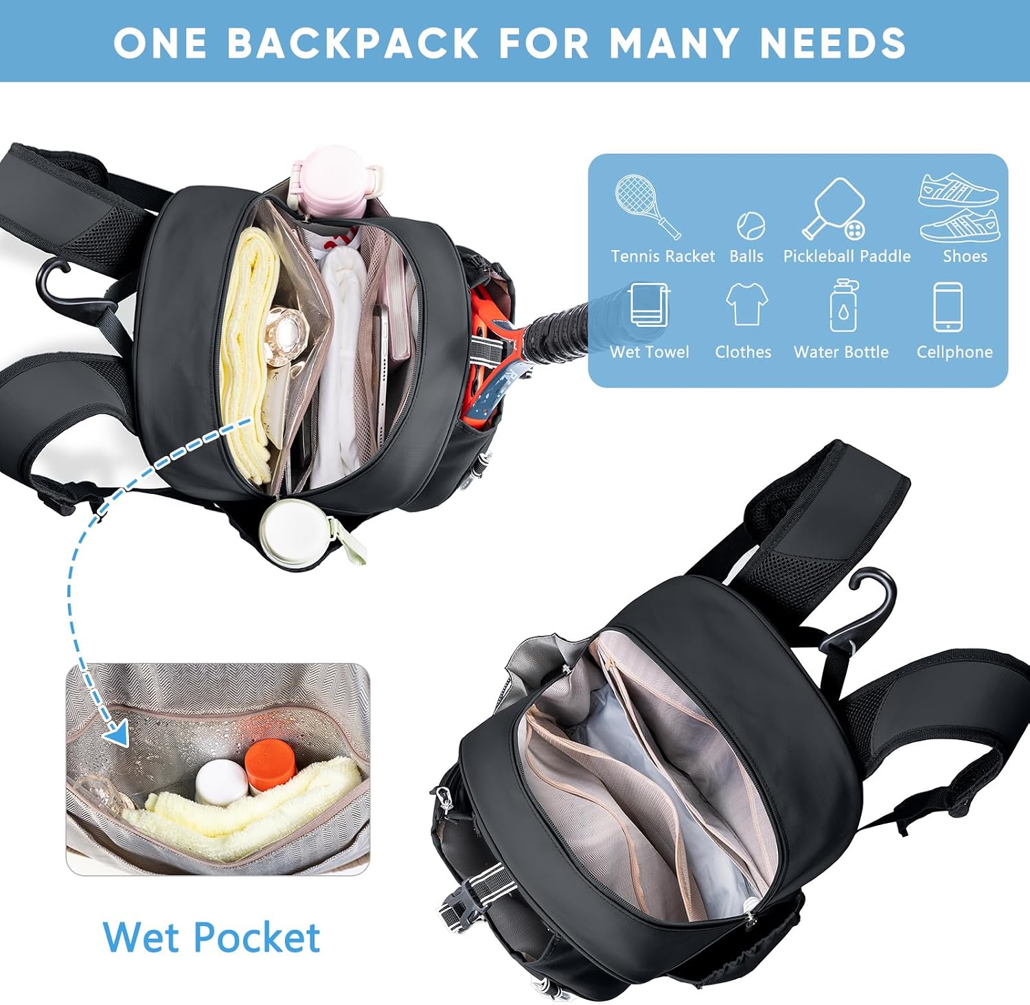 SPORJET Mochila de Tenis con Soporte para 2 Raquetas, Bolsa de Raqu...