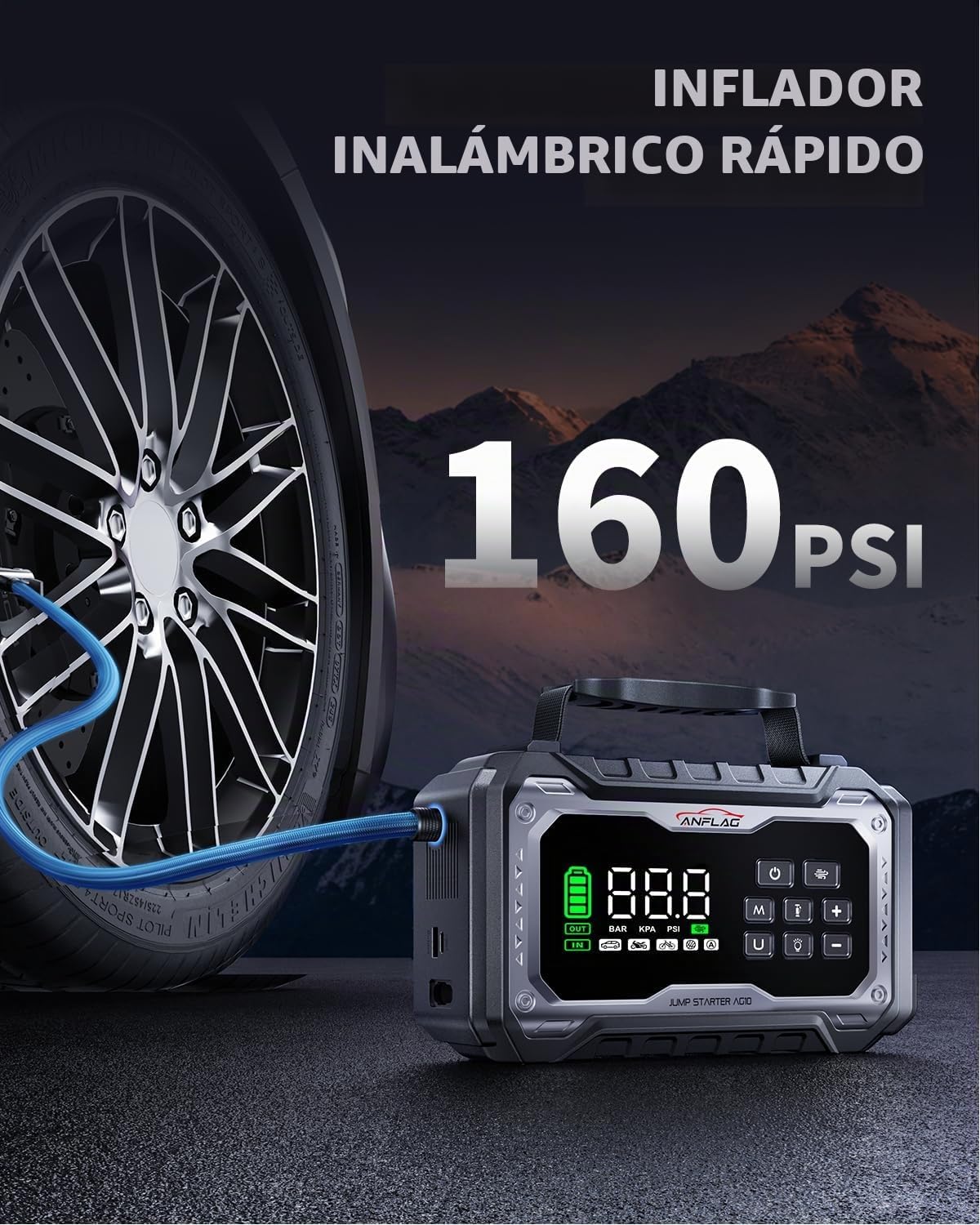 Arrancador de batería de coche con compresor de aire, batería de 80...