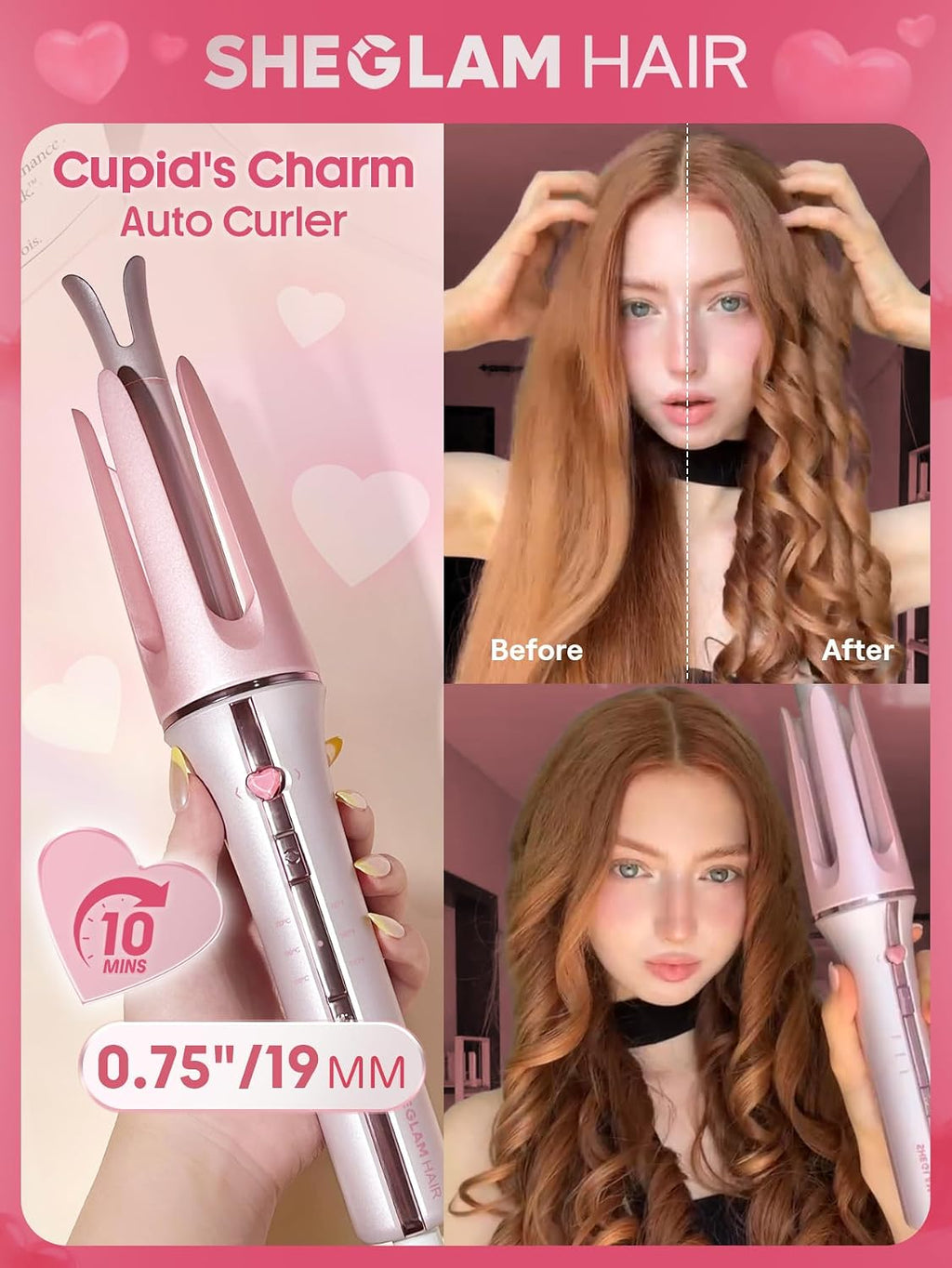 SHEGLAM Rizador automático de regalo para mujer (rosa, 0.75 pulgada...