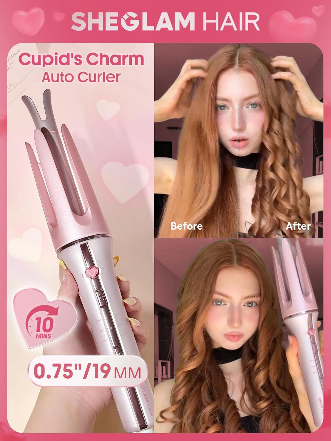 SHEGLAM Rizador automático de regalo para mujer (rosa, 0.75 pulgada...