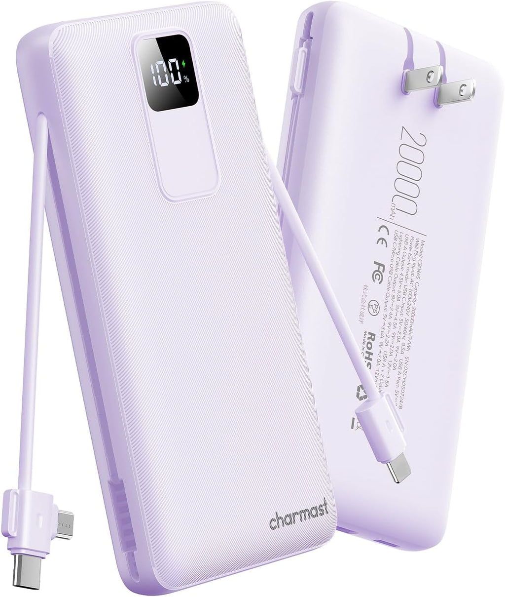 charmast Cargador portátil de 20000 mAh con cables integrados y enc...