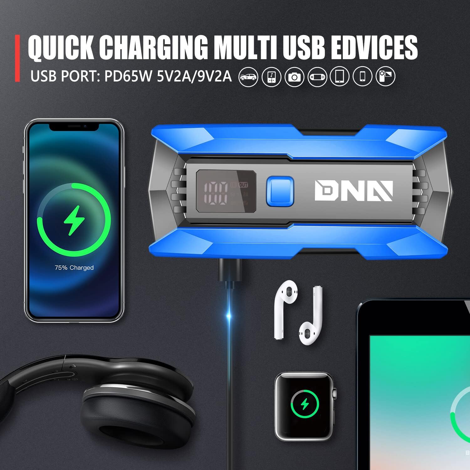 DNA Motoring 12V 2000A Pico Arrancador portátil multifuncional de b...