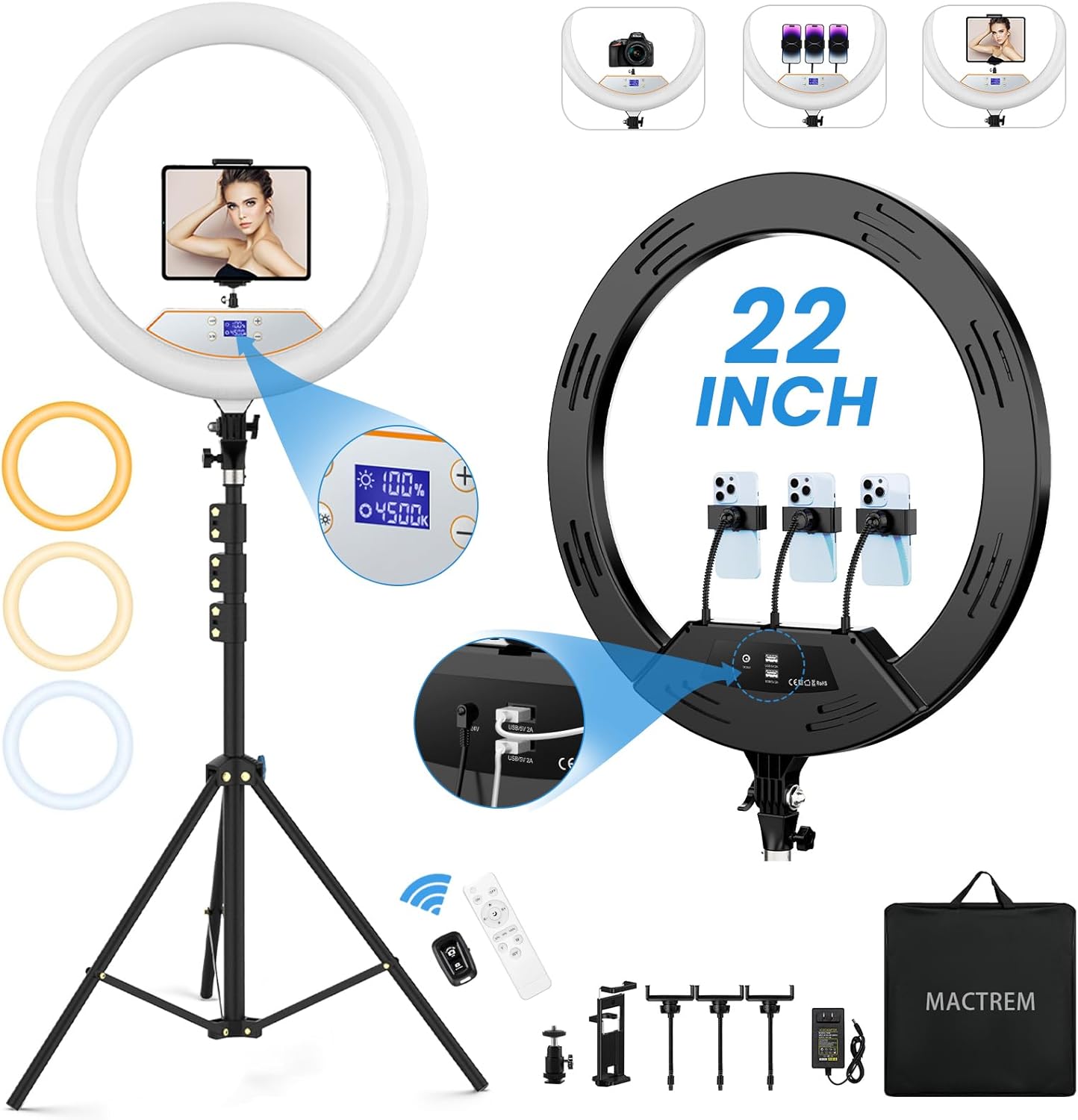 Anillo de luz de 22 pulgadas con soporte de trípode de 75 pulgadas,...