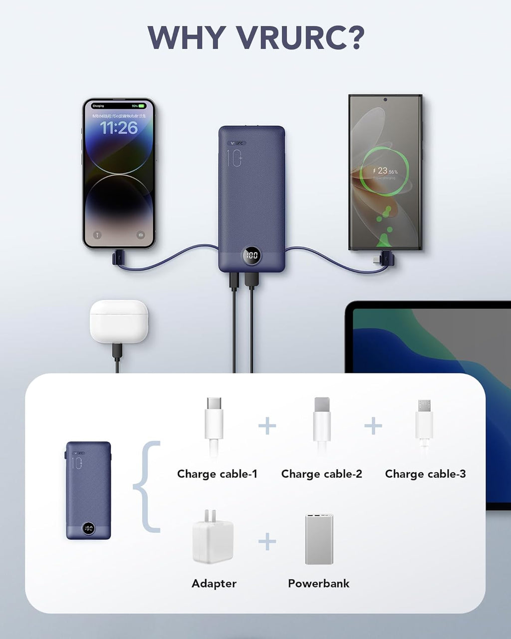 VRURC Cargador portátil con cables integrados y enchufe de pared de...