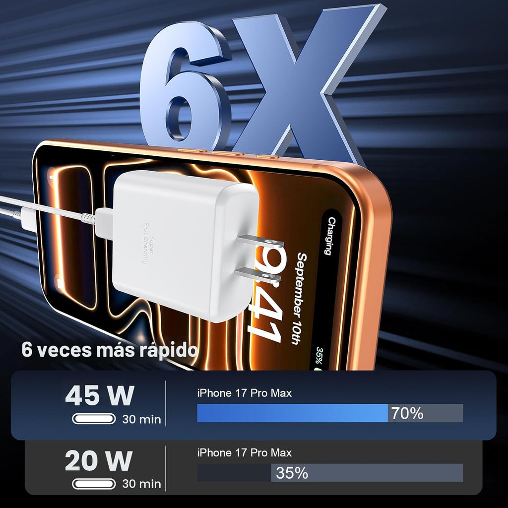 Cargador para iPhone 17 16 Pro Max de carga rápida, 45 W USB C iPho...