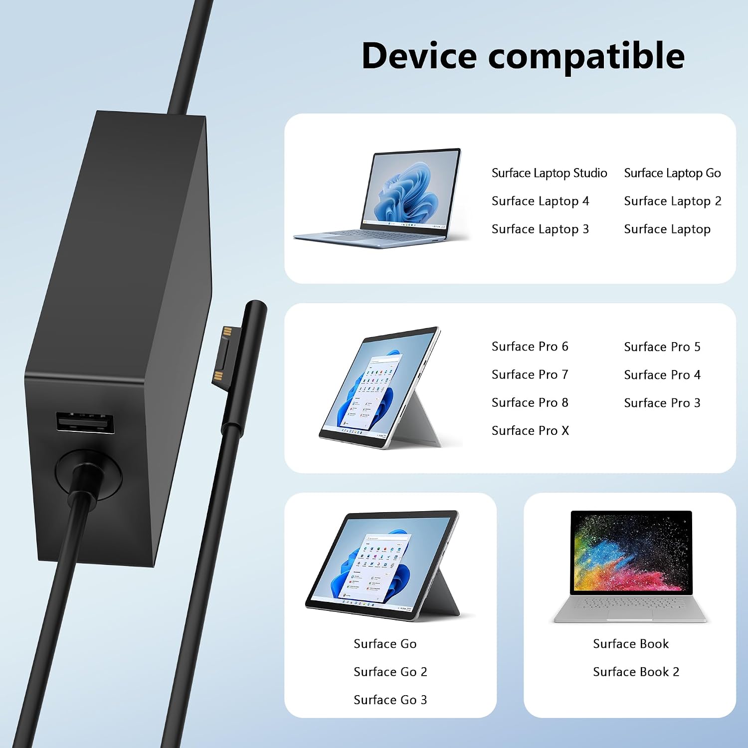 COWOOGMZ Cargador Surface Pro de 65 W compatible con Microsoft Surf...