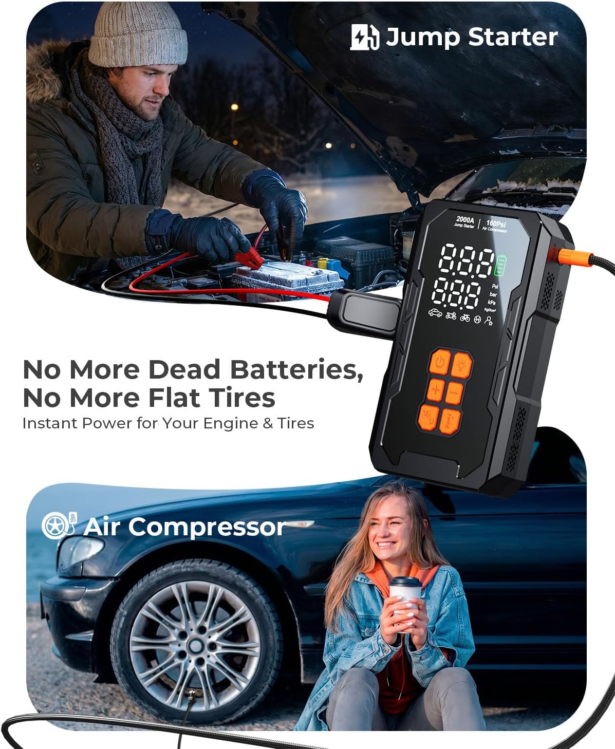 Arrancador de salto con compresor de aire, batería de coche de 12 V...