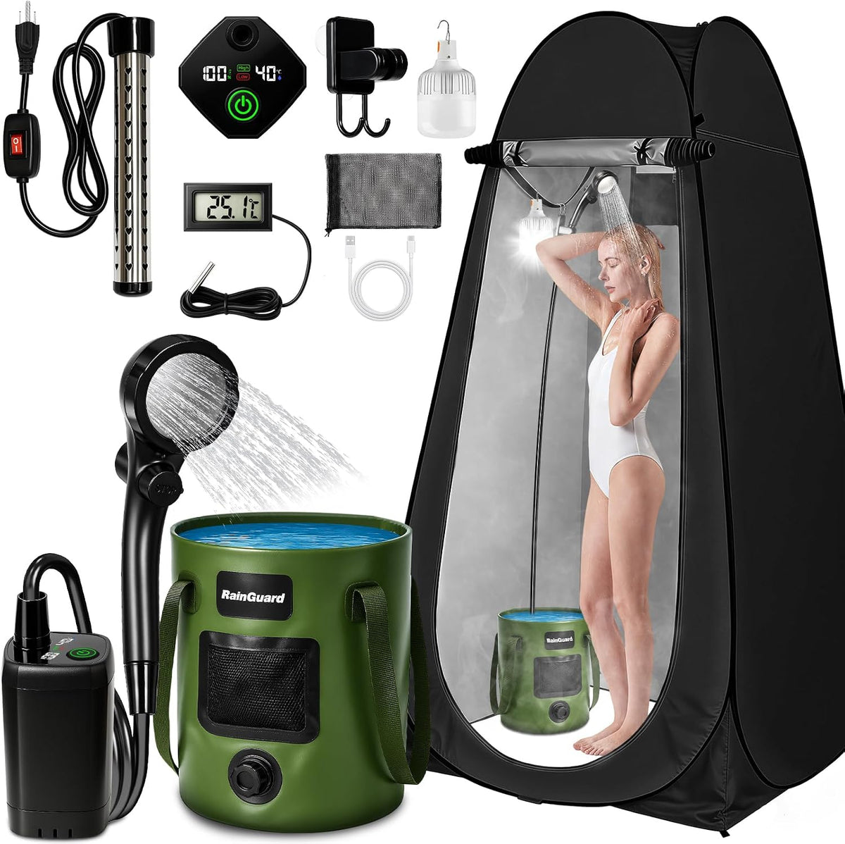 Ducha portátil con calentador, kit de tienda de campaña de privacid...