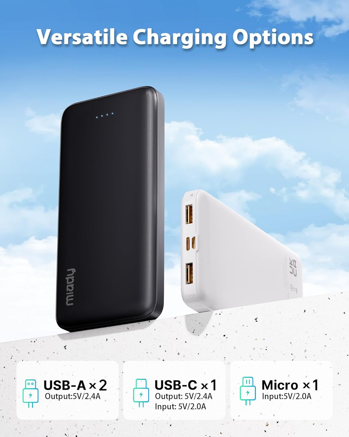 Miady cargador de batería de 10000 mAh, USB dual, portátil, negro,...