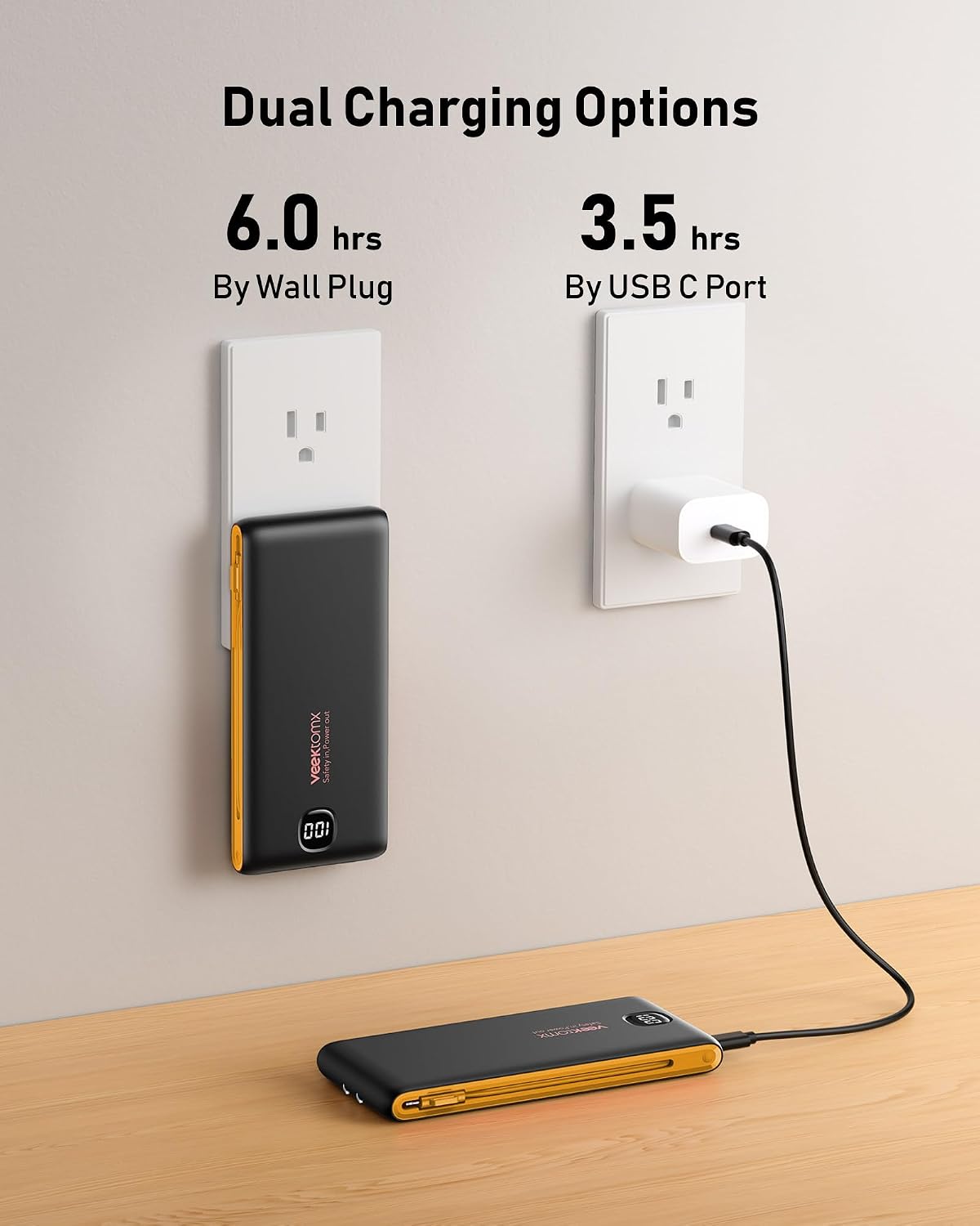 Cargador Portátil Power Bank con Cables Integrados y Enchufe de Par...