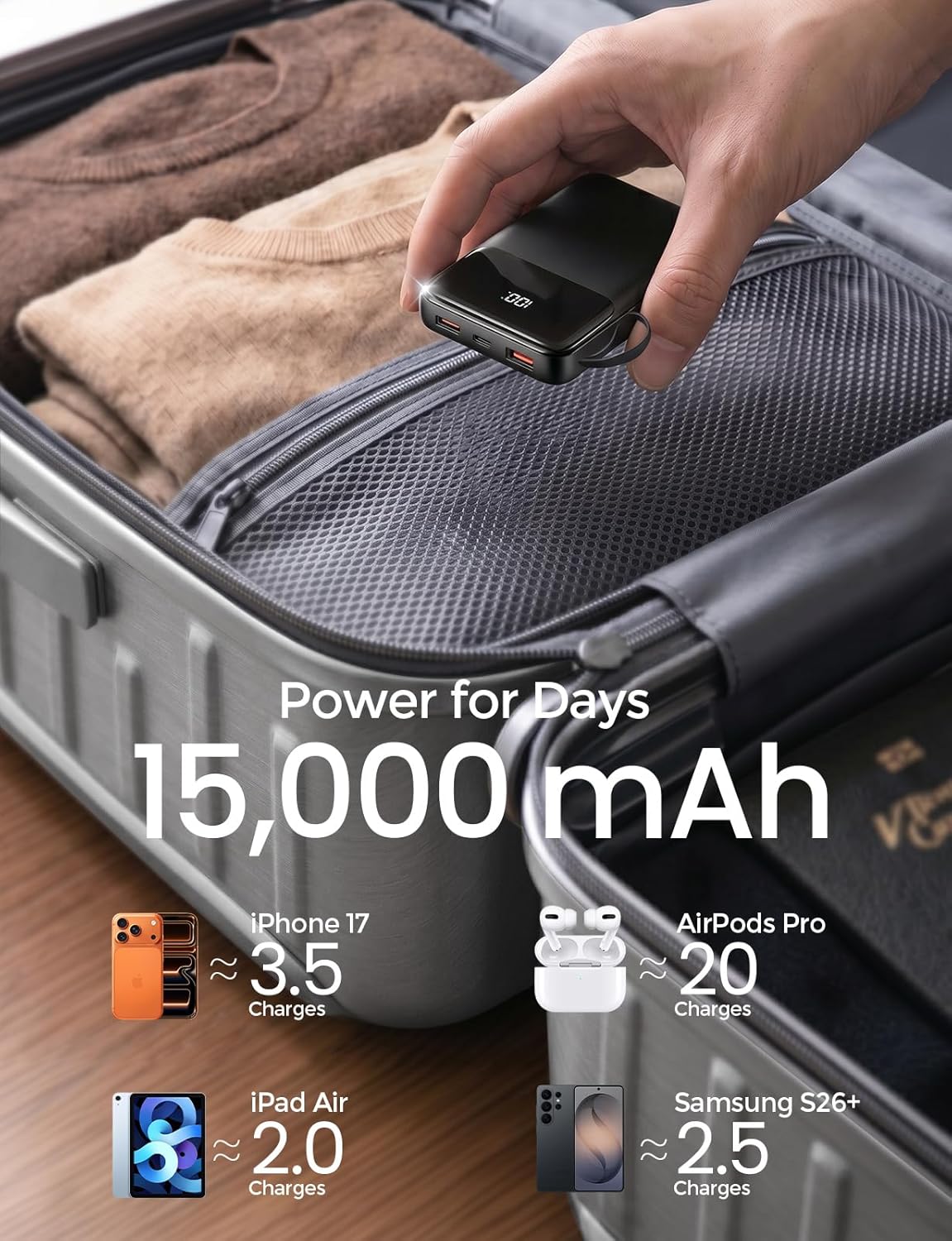 Banco de energía, cargador portátil de 15000 mAh con cable integrad...
