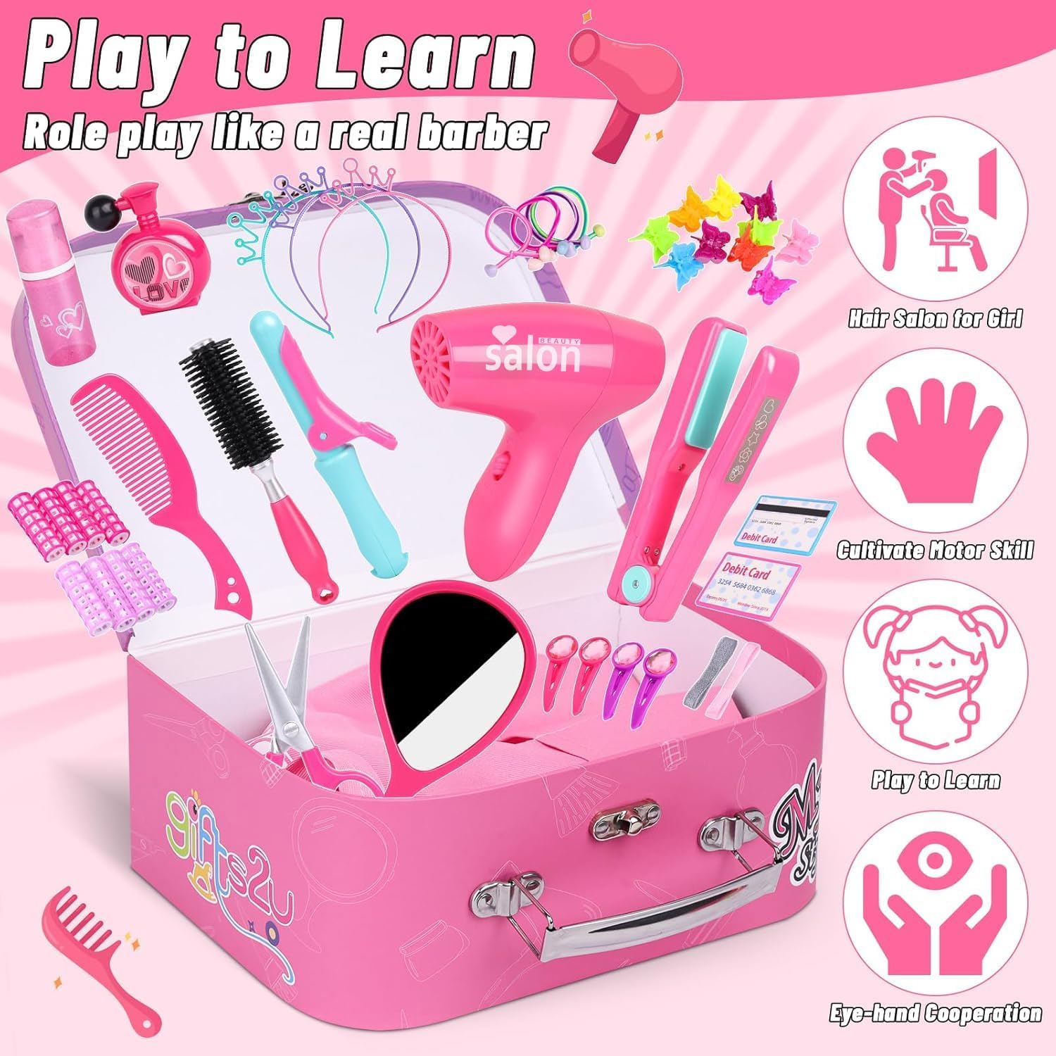 Gifts2U Juguetes de peluquería para niñas, juego de salón de bellez...