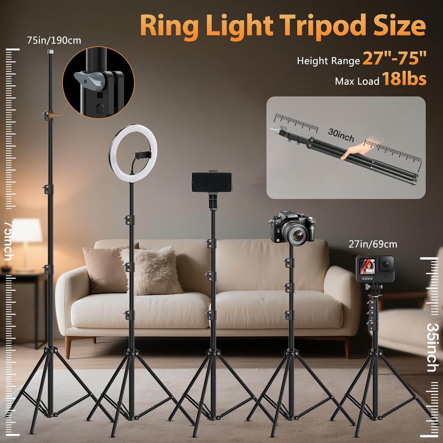 Anillo de luz de 22 pulgadas con soporte de trípode de 75 pulgadas,...