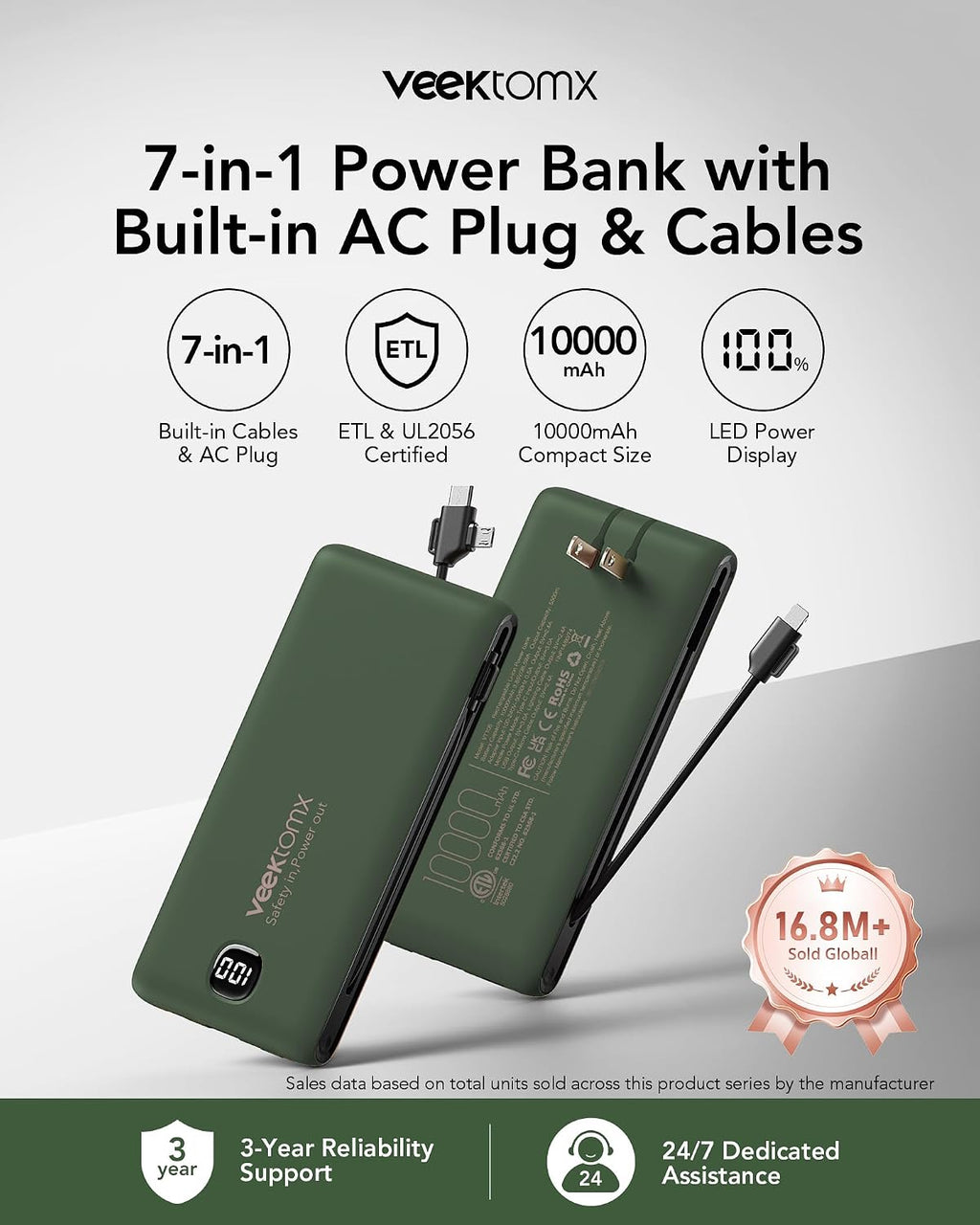 Cargador portátil de batería con cables integrados y enchufe de par...