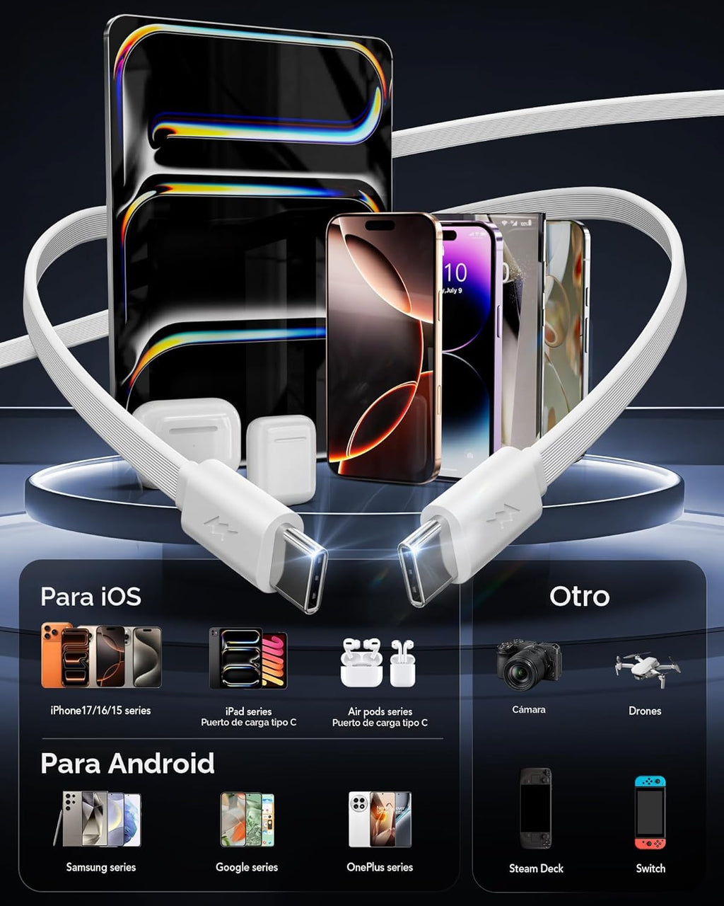 Cargador de pared USB C retráctil con enchufe de pared, cables de t...