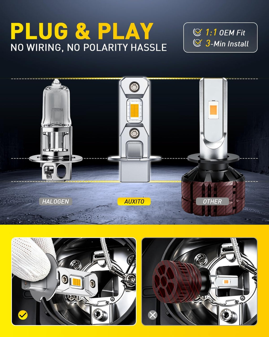 AUXITO Bombilla LED antiniebla H3, 3000 K amarillo ámbar, 46000 lm...