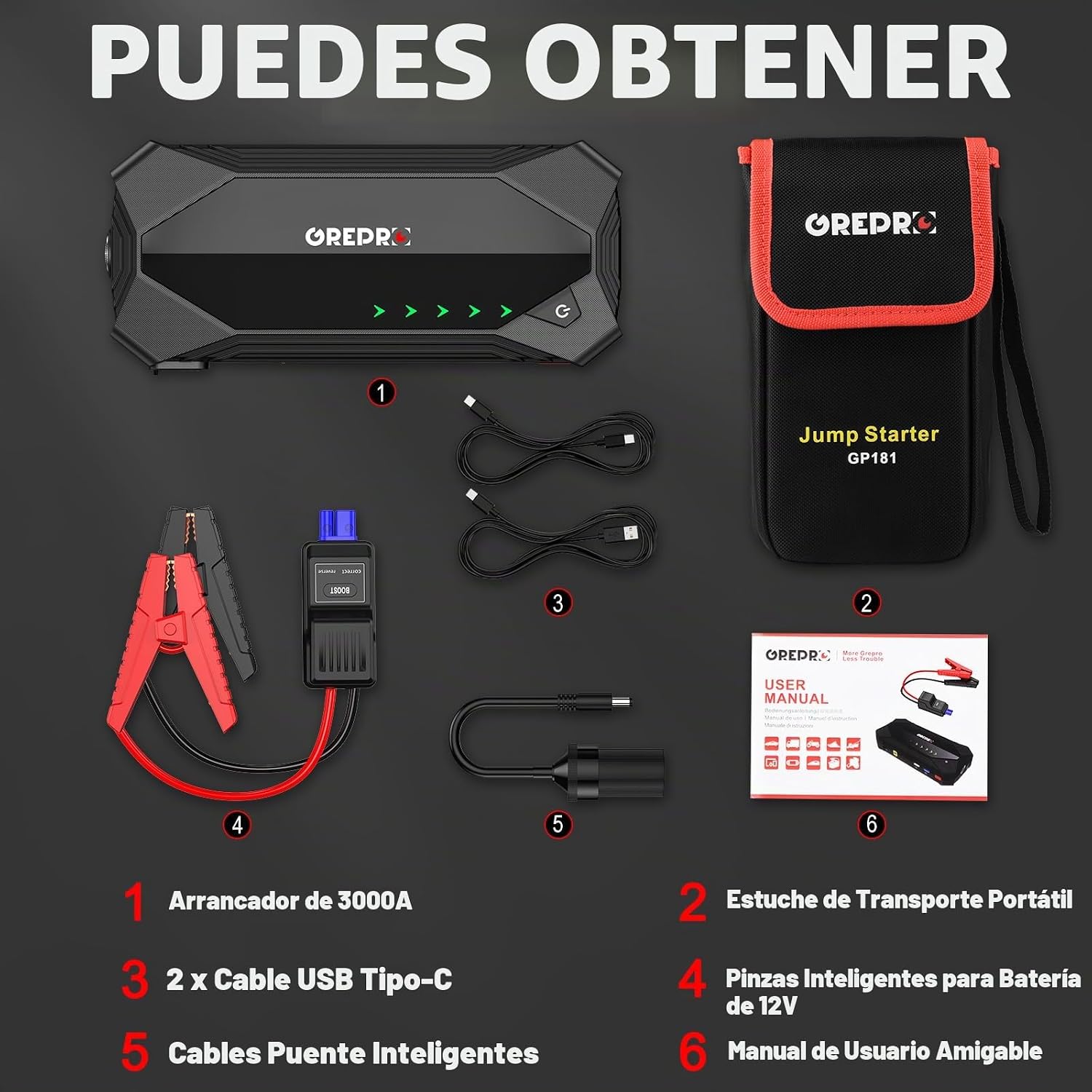GREPRO Arrancador de salto (motores de gasolina de 10 L y 8.0 L dié...