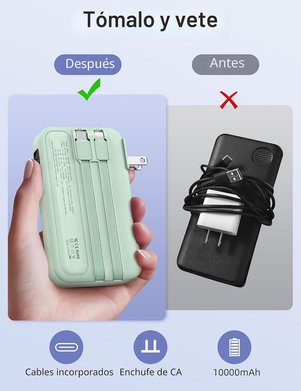 RORRY Cargador portátil con cables integrados, enchufe de pared de...