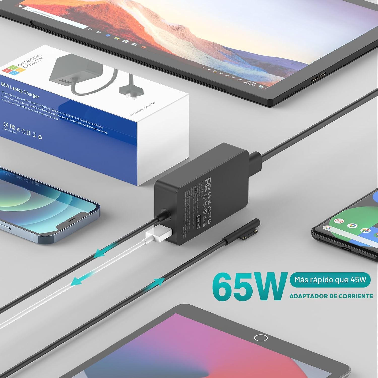 Cargador de 65 W compatible con Microsoft Surface Pro 11, 10, 9, 8,...