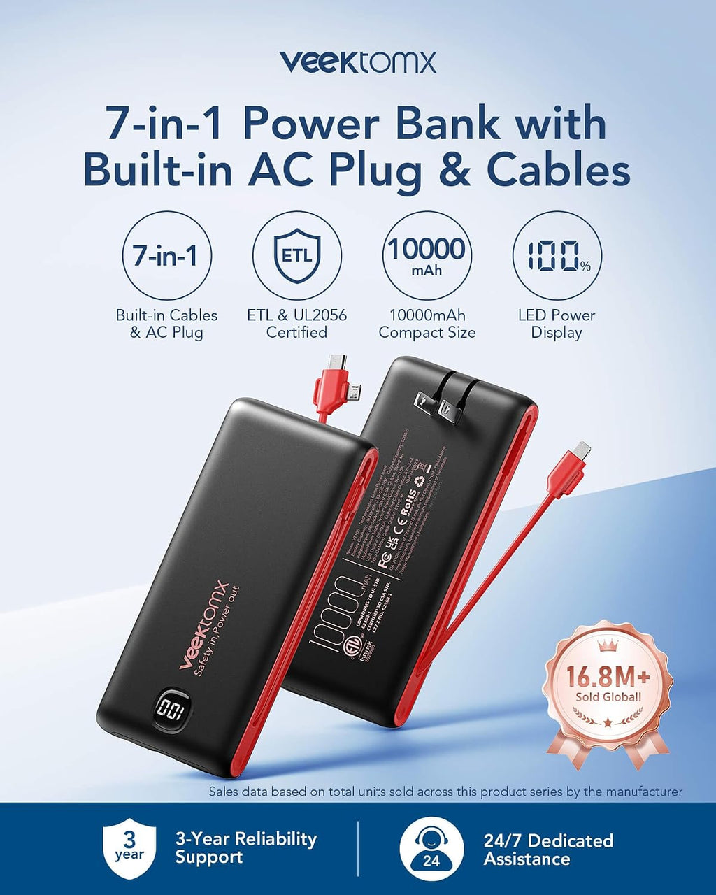VEEKTOMX Cargador portátil con cables integrados de 10000 mAh, banc...