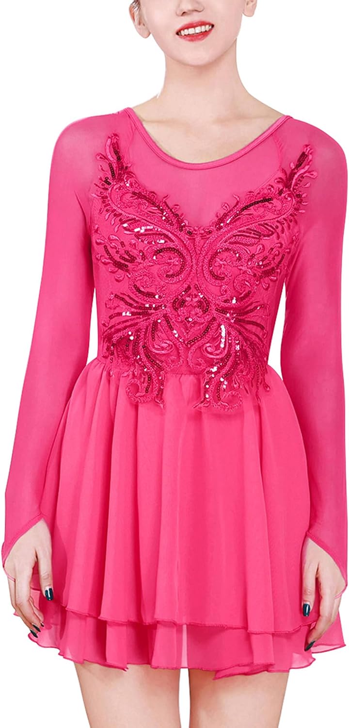 ODASDO Vestido de patinaje artístico para mujer, malla de manga lar...