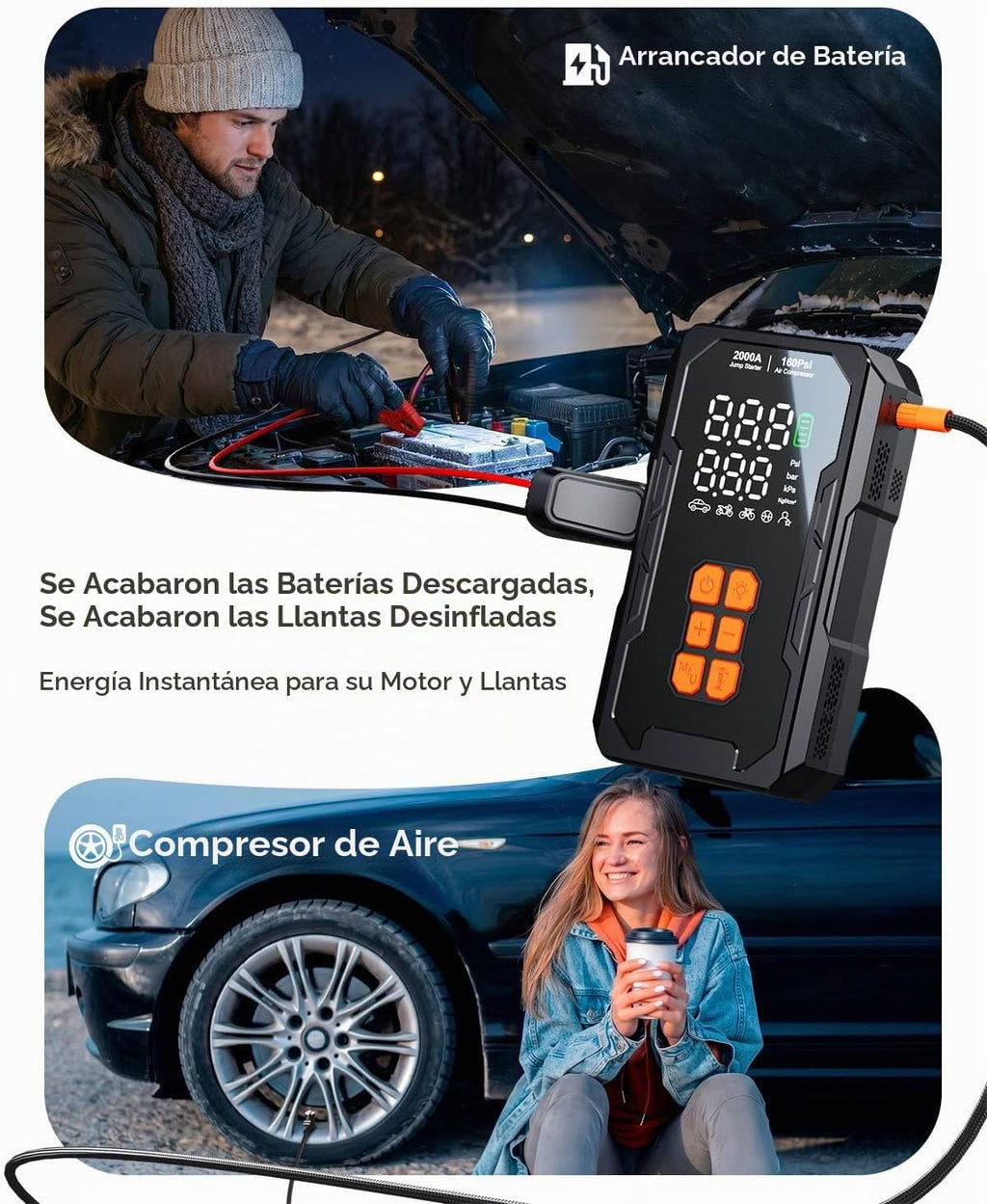 Arrancador de salto con compresor de aire, batería de coche de 12 V...
