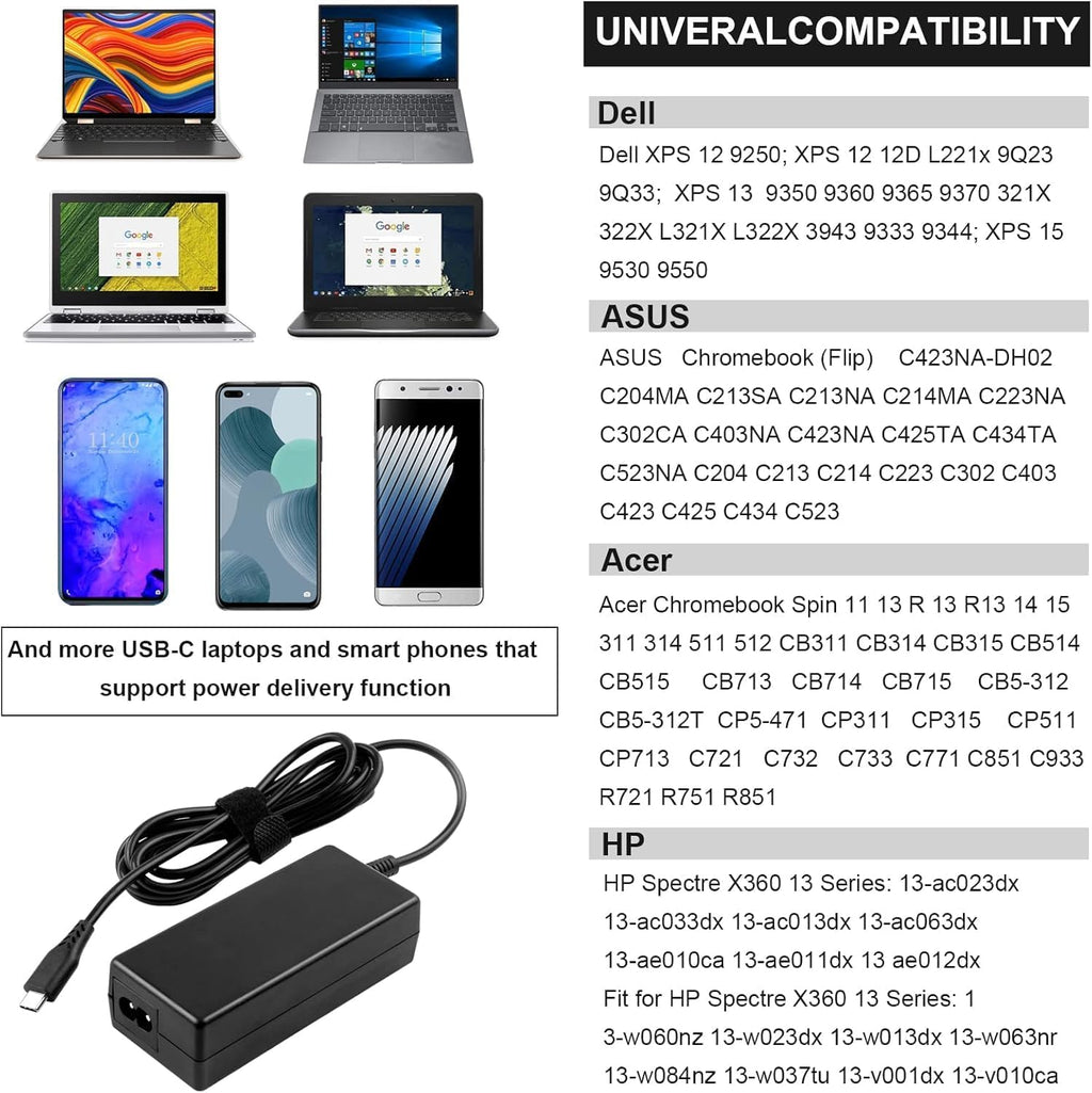 Cargador universal para Chromebook de 65 W, adaptador de puerto tip...