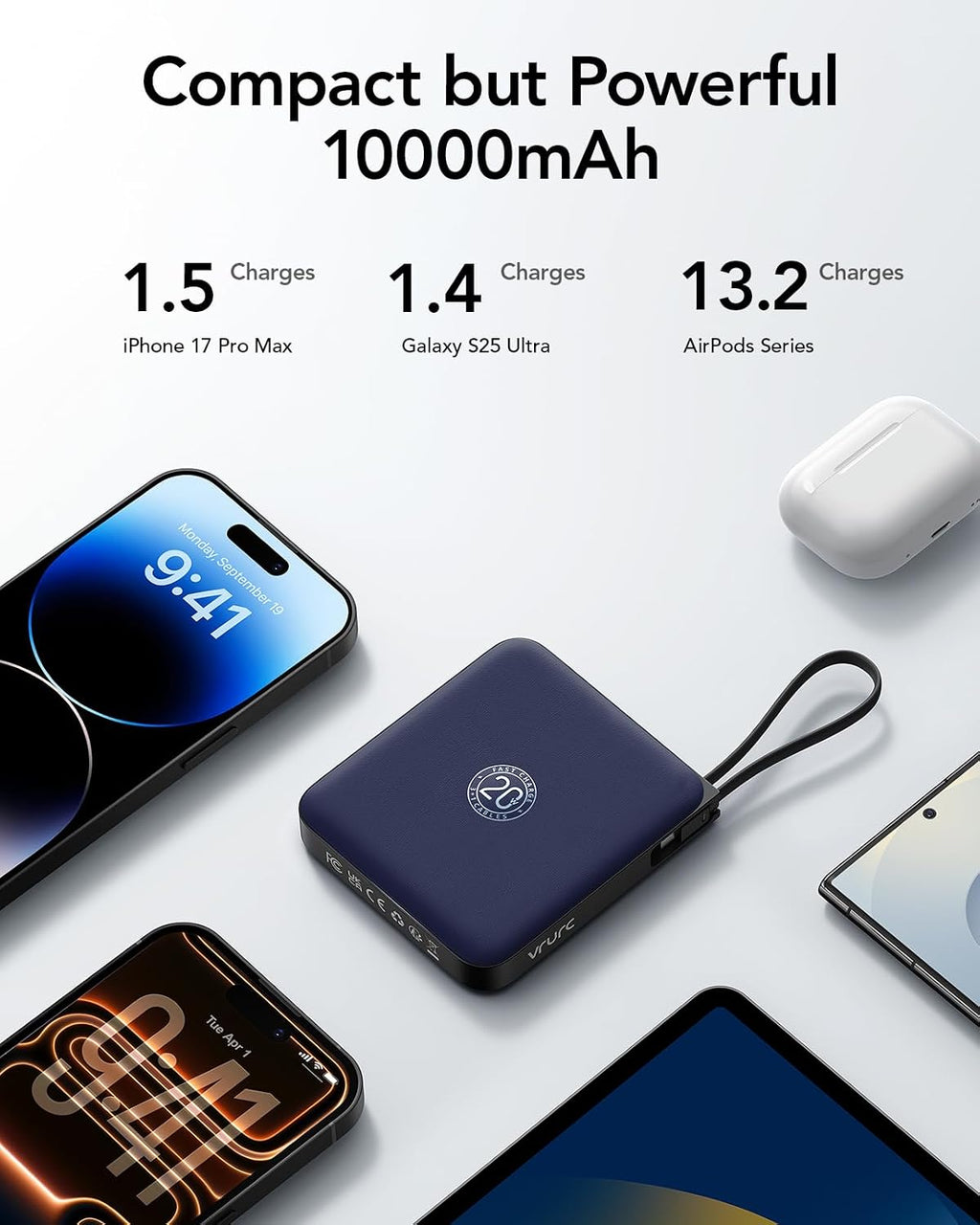 VRURC - Cargador portátil para iPhone con cables integrados, cargad...