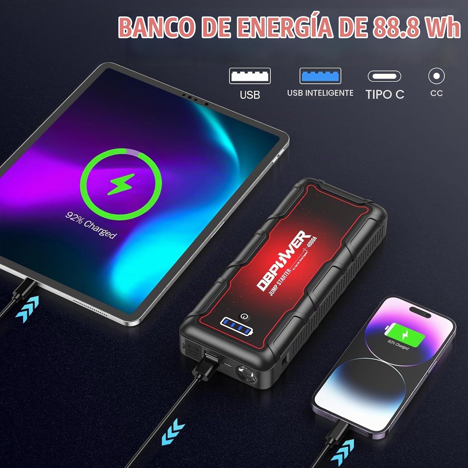 DBPOWER - Arrancador para automóvil de 4000 A pico de 88.8 Wh portá...