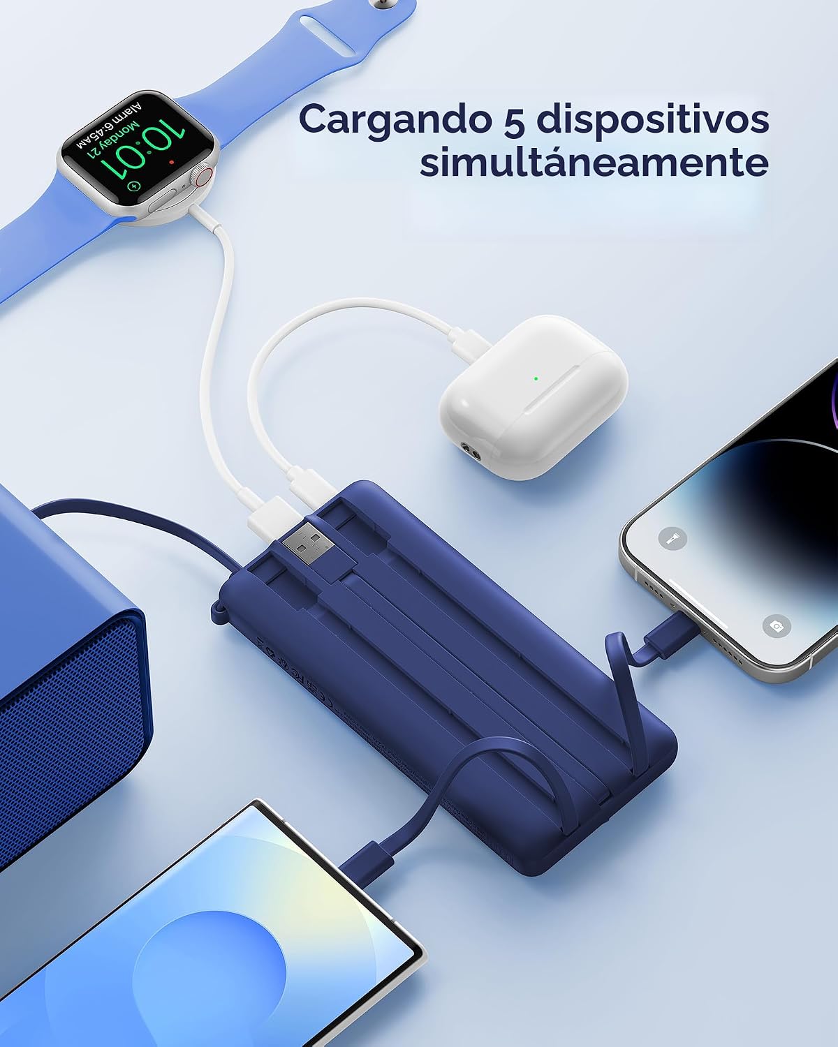 VRURC Cargador portátil, 4 cables integrados y cargador de batería...
