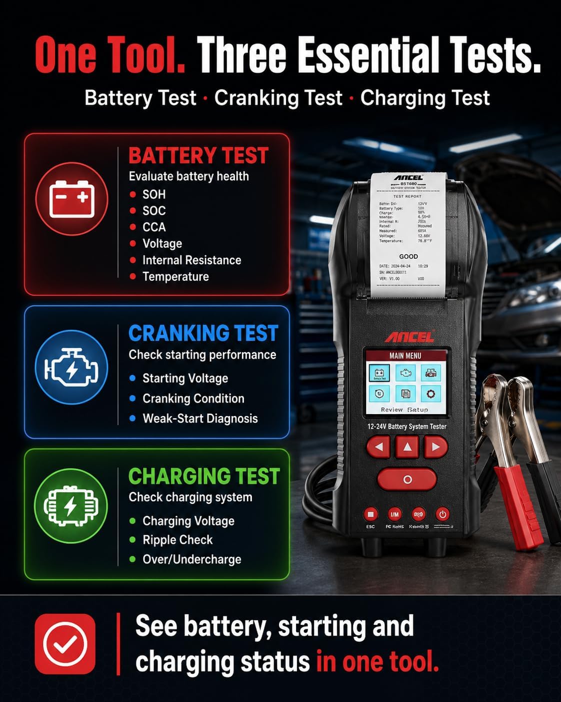 ANCEL BST600 - Probador de batería de coche con impresora - 12V\/24...