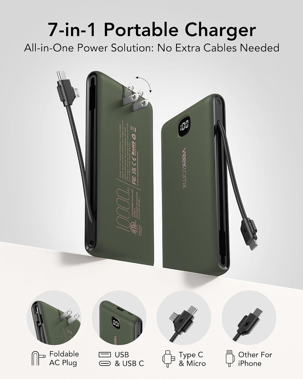 Cargador portátil de batería con cables integrados y enchufe de par...