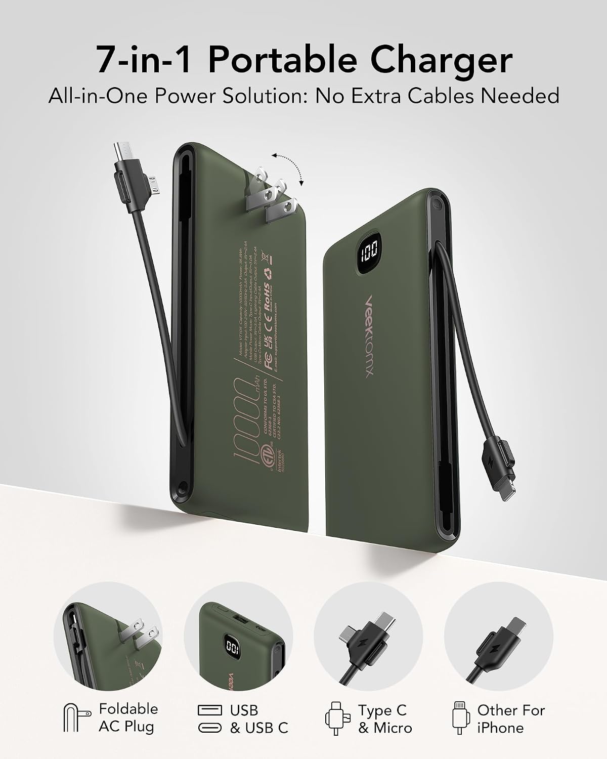Cargador portátil de batería con cables integrados y enchufe de par...