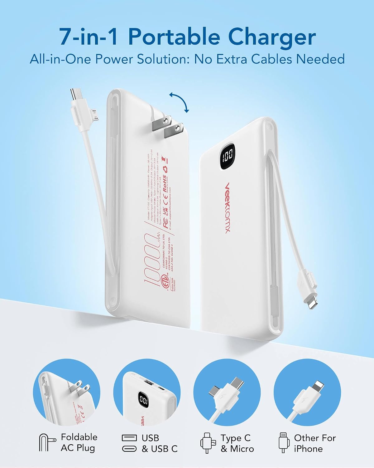 VEEKTOMX Cargador portátil con cables integrados de 10000 mAh, banc...