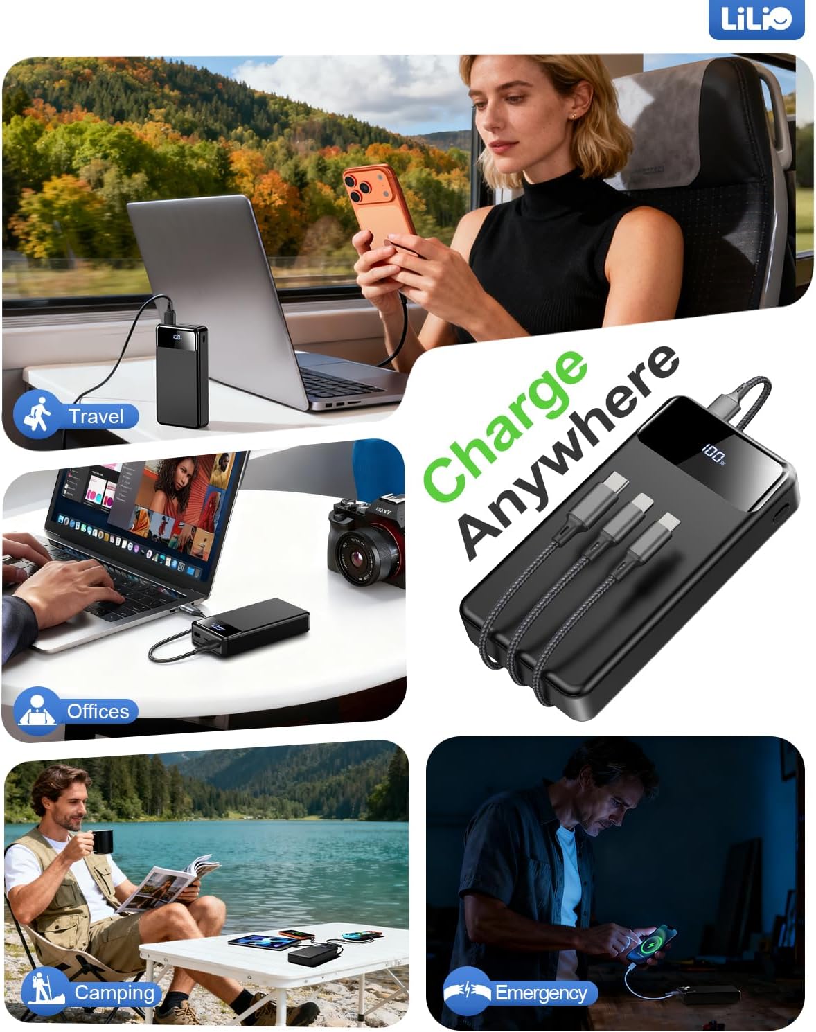 LILIO Cargador portátil Power Bank, batería de 60.000 mAh, batería...