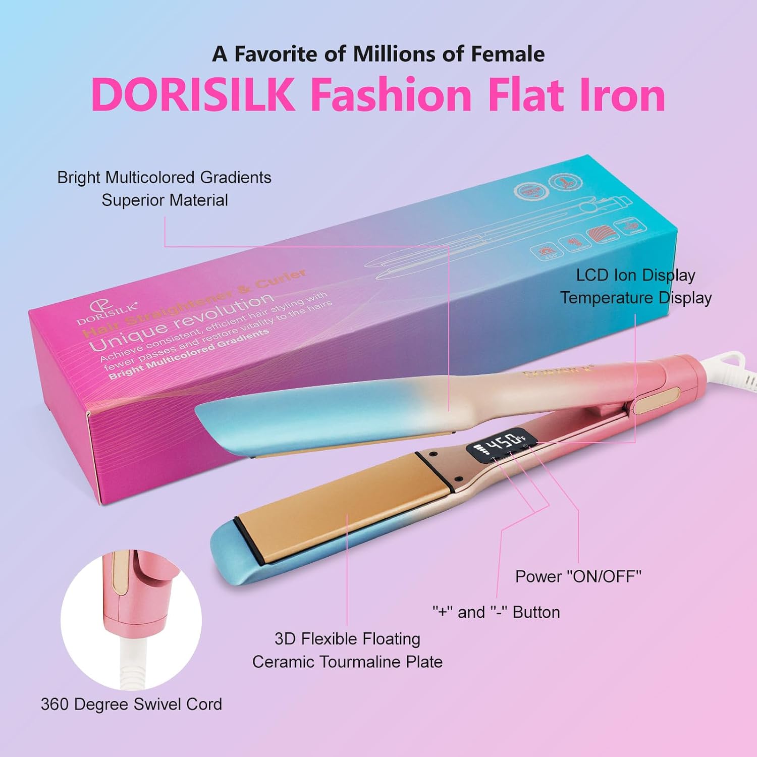 DORISILK Plancha plana de cerámica de 450 grados, alisador y rizado...