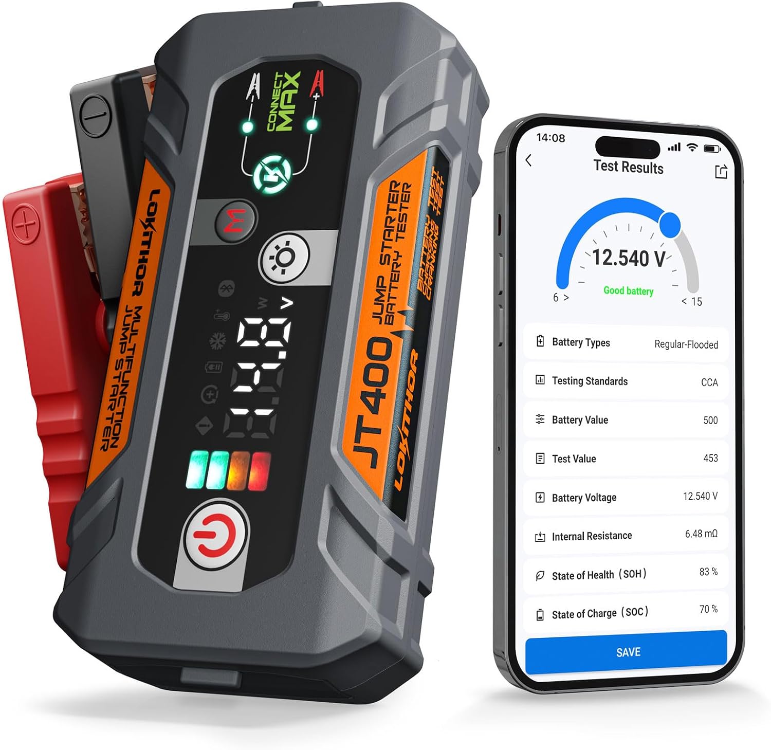 LOKITHOR JT400 Arrancador de salto de 12 V y probador de batería 2...