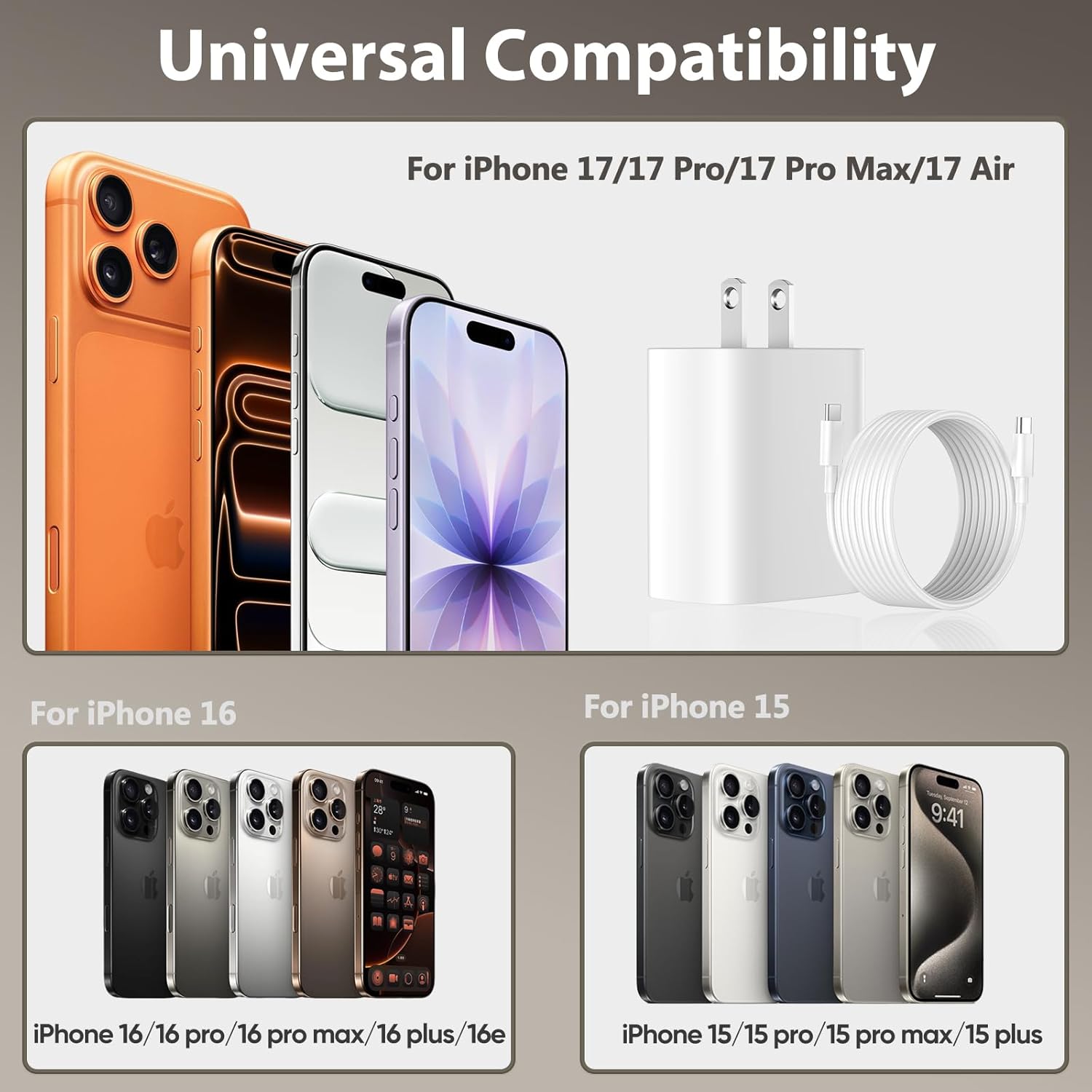 Cargador para iPhone 17, 16, 15, carga rápida, cable de carga USB C...