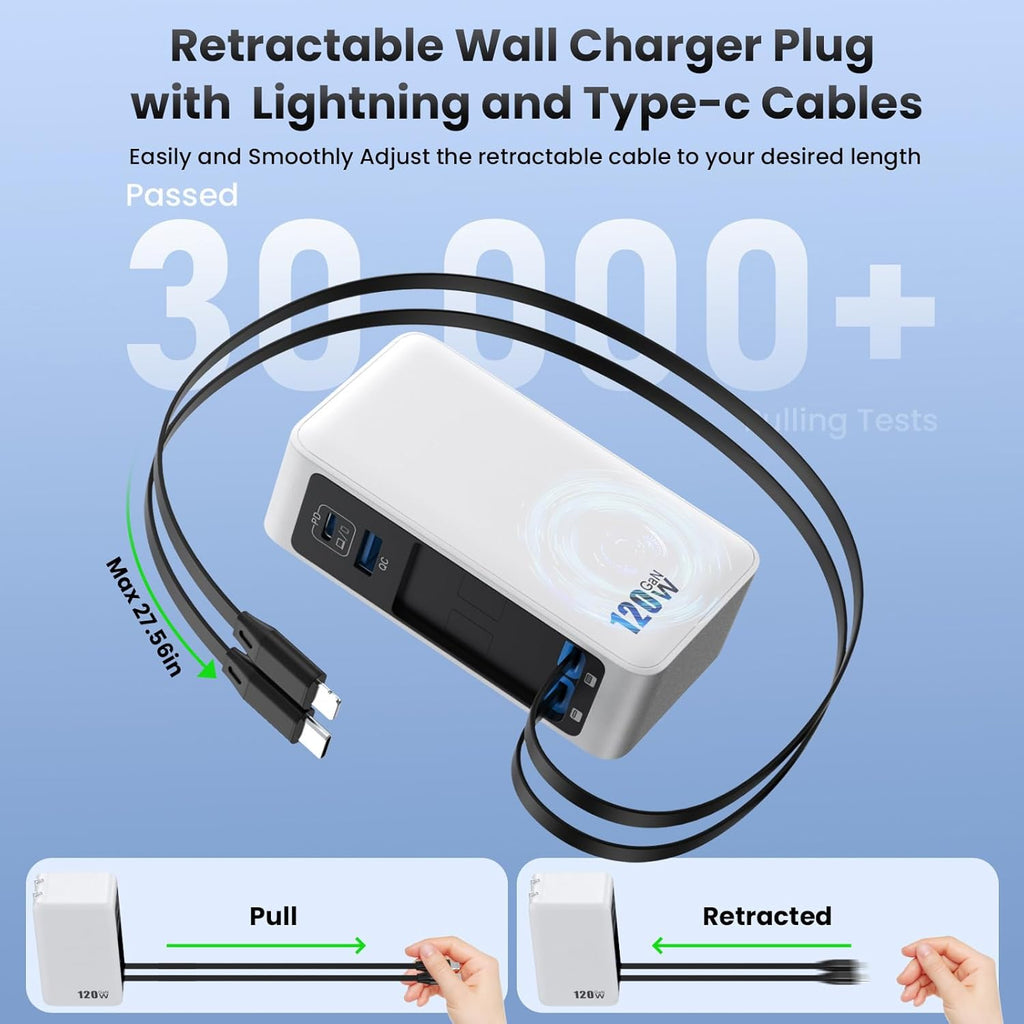 Bloque de Cargador USB C 120W con 2 Cables Retráctiles Integrados,...